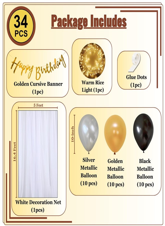1iAM Romantic Happy Birthday Decoration Items Pack of 34pcs For Husband, Wife, Girlfriend, Boyfriend | Golden, Black & Silver Birthday Decoration Party Packs For Indoor or Outdoor Home, Room, Office - Image 2